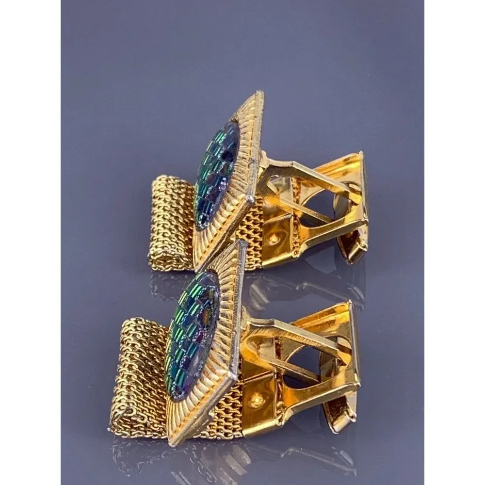 Dichroic Glass Cufflinks Wrap Around Gold Tone Green to Pink Lines Rays Vintage